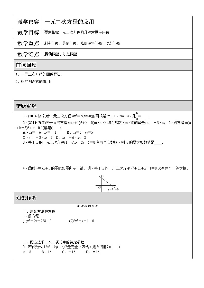 北师大版九年级上册第二单元一元二次方程解应用题复习讲义第1页