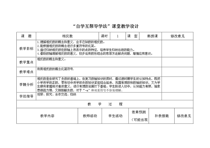 2021-2022学年人教版数学七年级上册相反数教案01