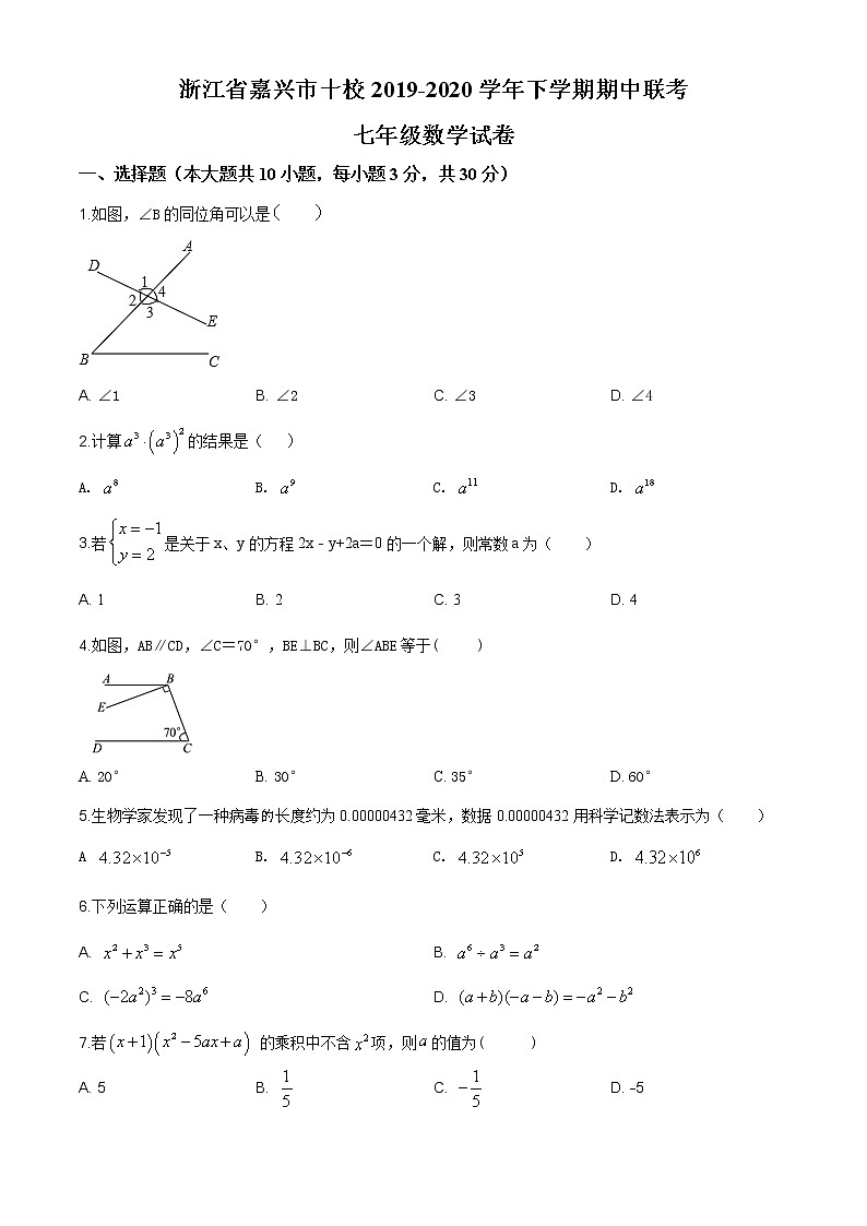 【校级联考】浙江省嘉兴市十校2019-2020学年七年级下学期期中联考数学试题（原卷版）（无答案）第1页