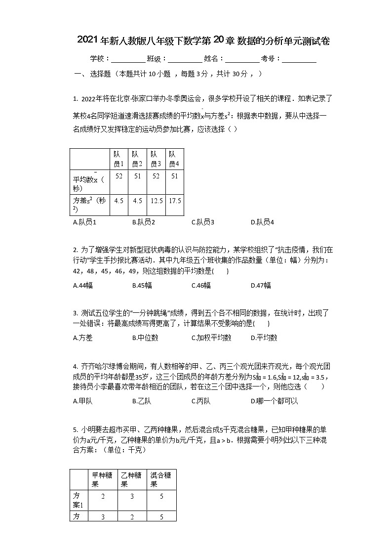 2021年新人教版八年级下数学第20章数据的分析单元测试卷含答案第1页