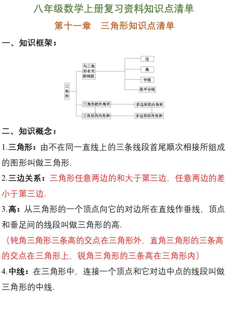 新初二上册数学暑假预习提纲,八年级上学期数学上册知识点清单梳理第1页