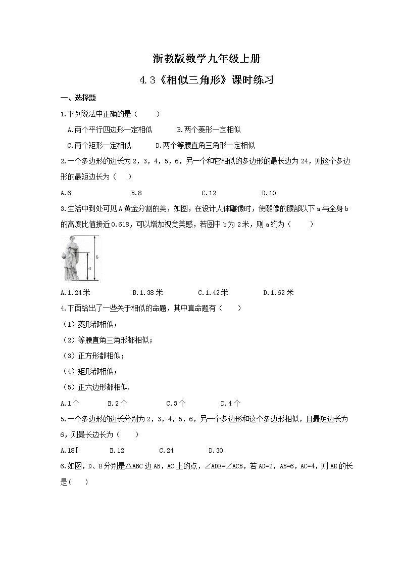 2021年浙教版数学九年级上册4.3《相似三角形》课时练习（含答案）01