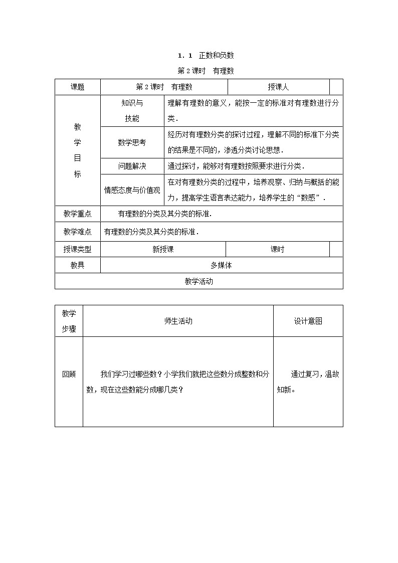 沪科版初中数学七年级上册  1.1.2 有理数 教案01