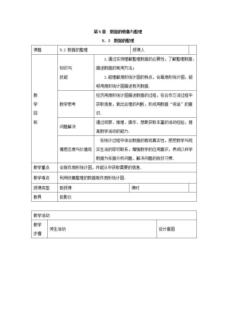 沪科版初中数学七年级上册  5.2 数据的整理 教案01