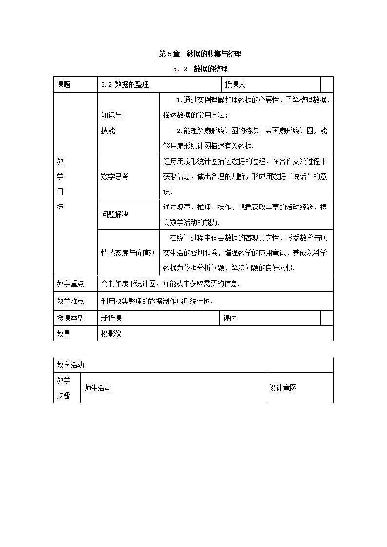 沪科版初中数学七年级上册  5.2 数据的整理 教案01