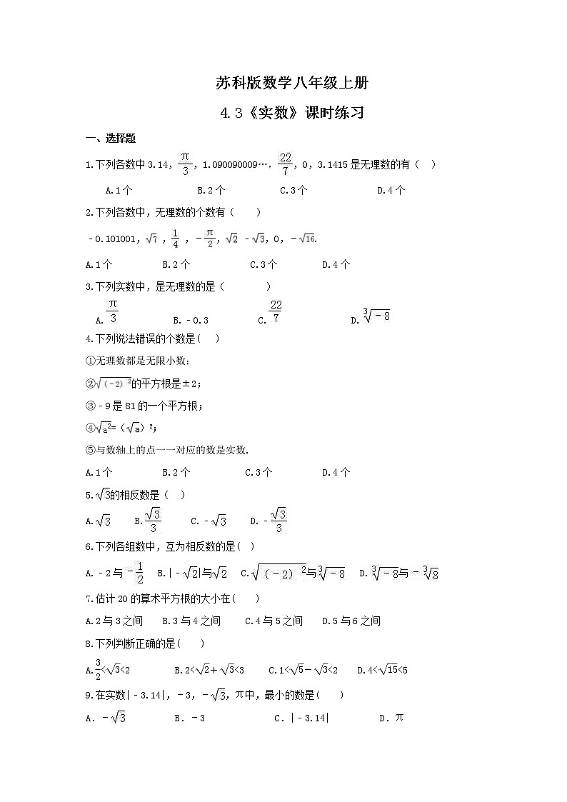 2021年苏科版数学八年级上册4.3《实数》课时练习（含答案）试卷01