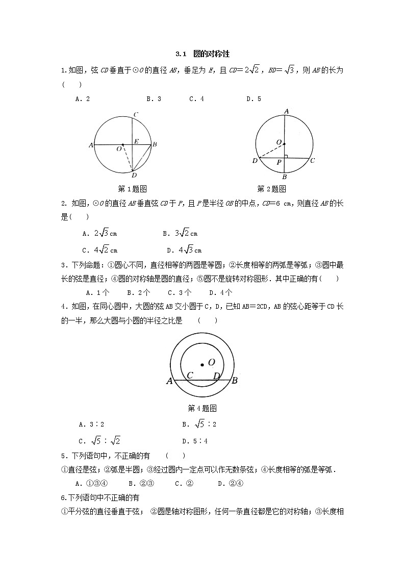 青岛版九年级数学上册3.1 圆的对称性  同步练习附答案解析01