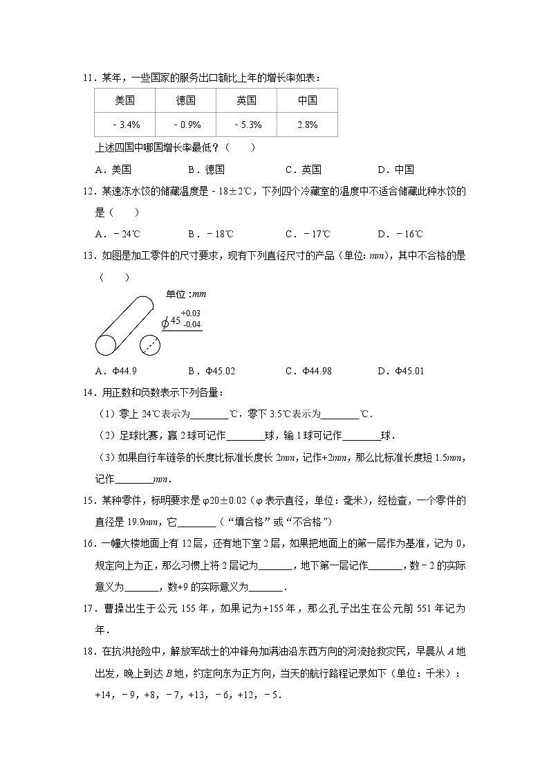 初中数学人教版七年级上册《1.1正数和负数》同步提升训练（附答案）2021年暑假自学第2页