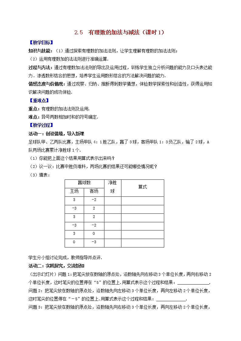 苏科版初中数学七年级上册  第2章 有理数 2.5有理数的加法与减法（课时1）  同步教案01