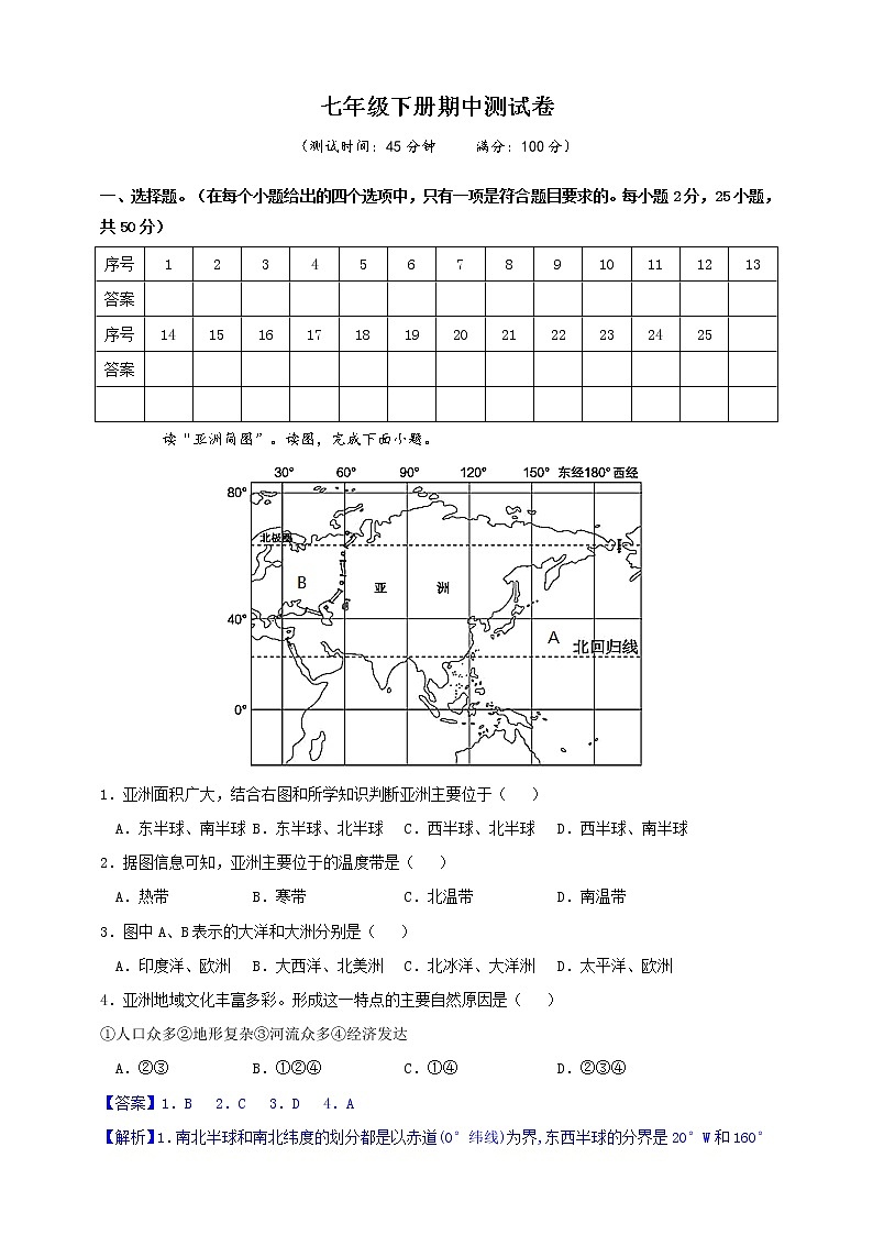 北京市2020—2021人教版七年级下册期中测试经典卷（解析）第1页