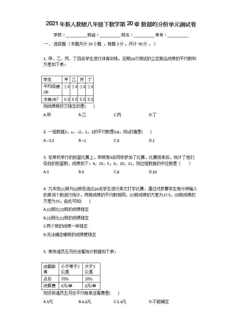 2021年新人教版八年级下数学第20章_数据的分析单元测试卷第1页