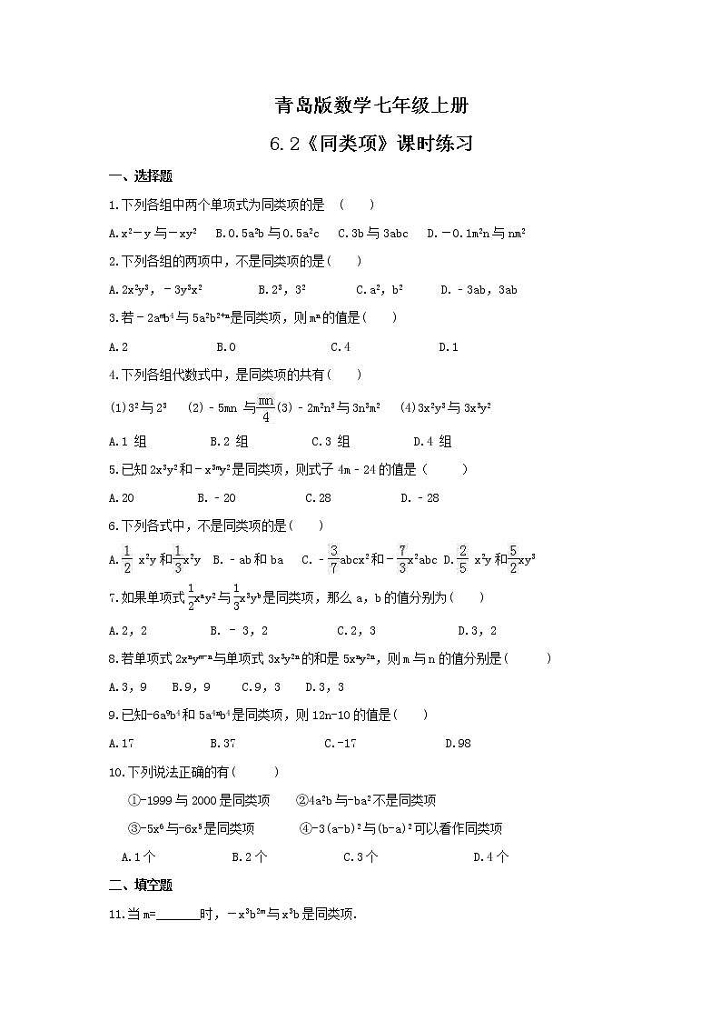 2021年青岛版数学七年级上册6.2《同类项》课时练习（含答案）01