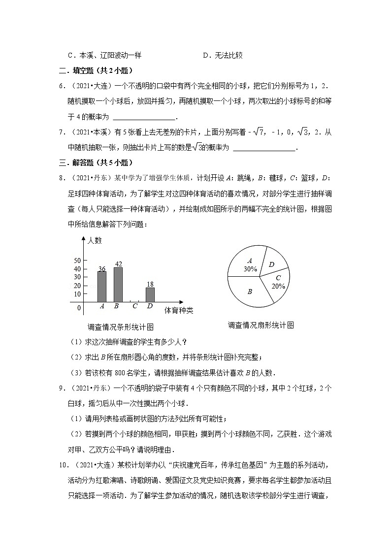 2021年辽宁中考数学真题分类汇编之概率与统计02