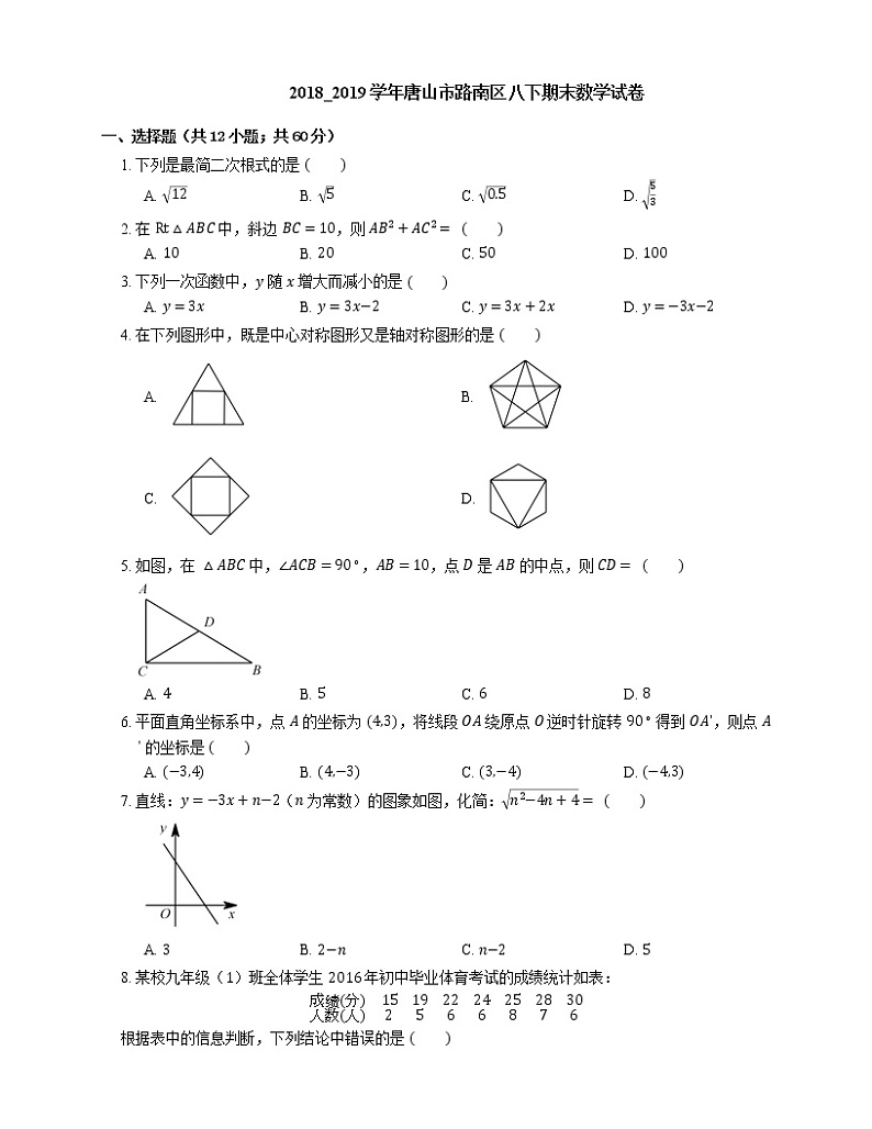 2018_2019学年唐山市路南区八下期末数学试卷第1页
