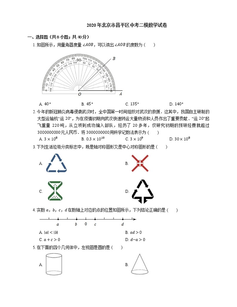 2020年北京市昌平区中考二模数学试卷01