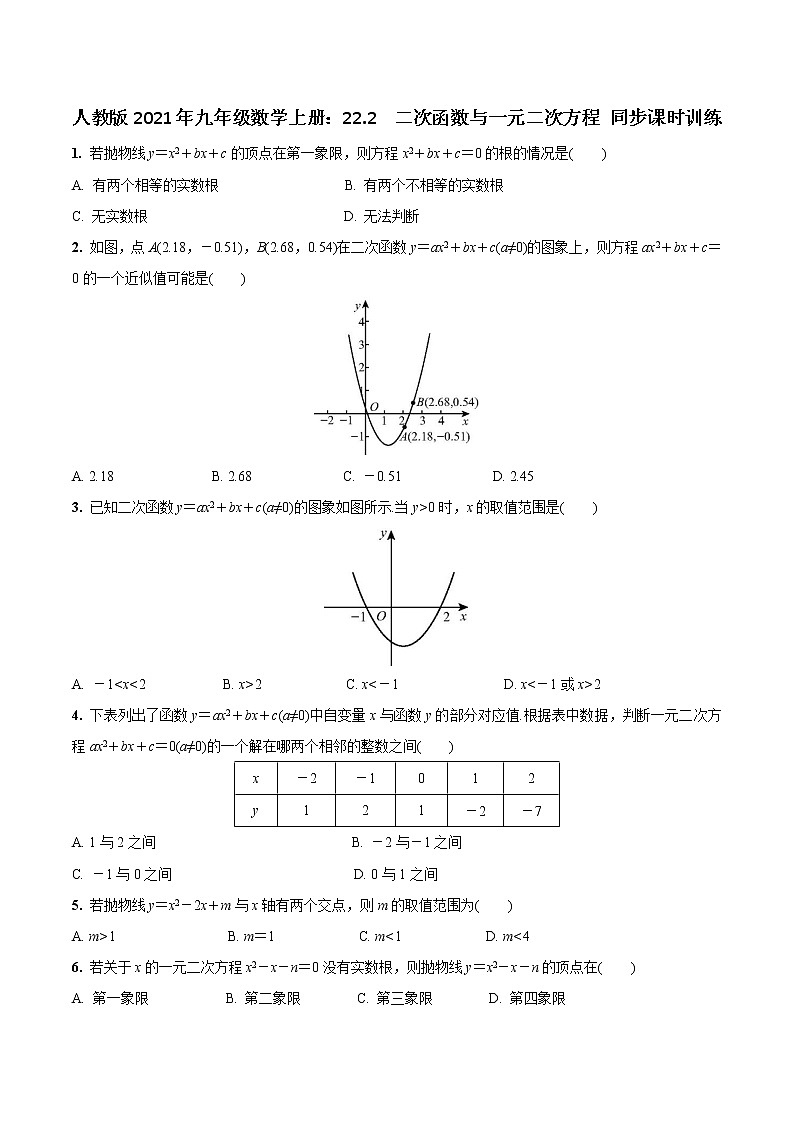 人教版2021年九年级数学上册：22.2　二次函数与一元二次方程 同步课时训练 无答案01