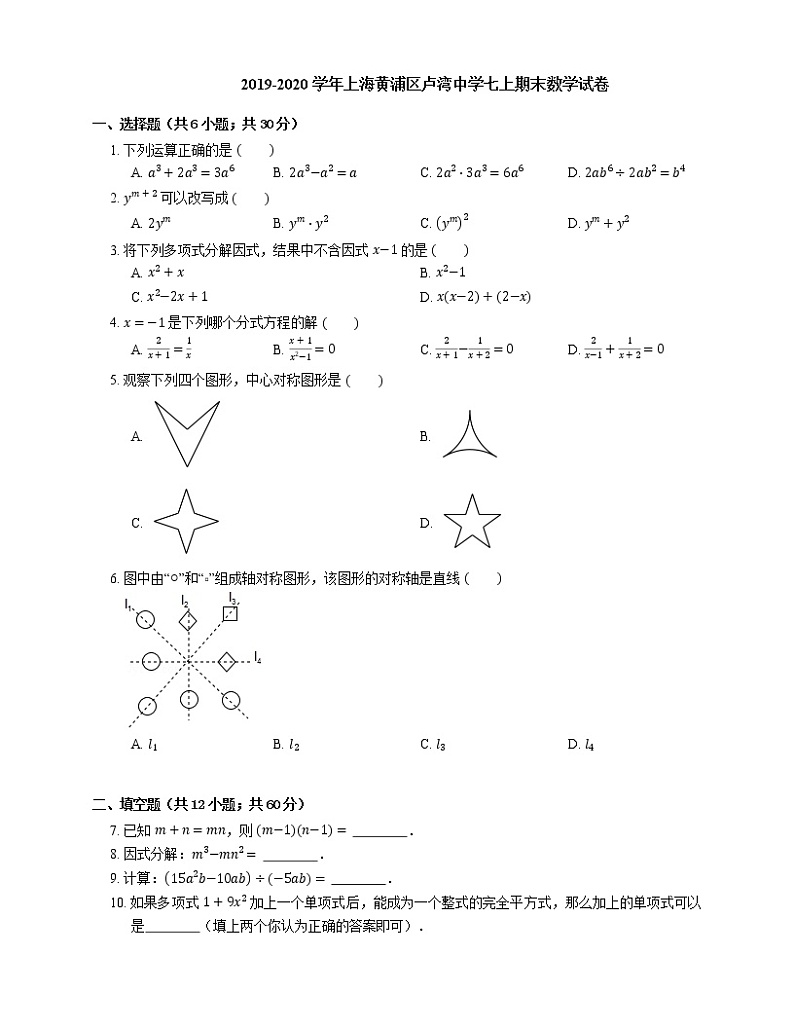 2019-2020学年上海黄浦区卢湾中学七上期末数学试卷01