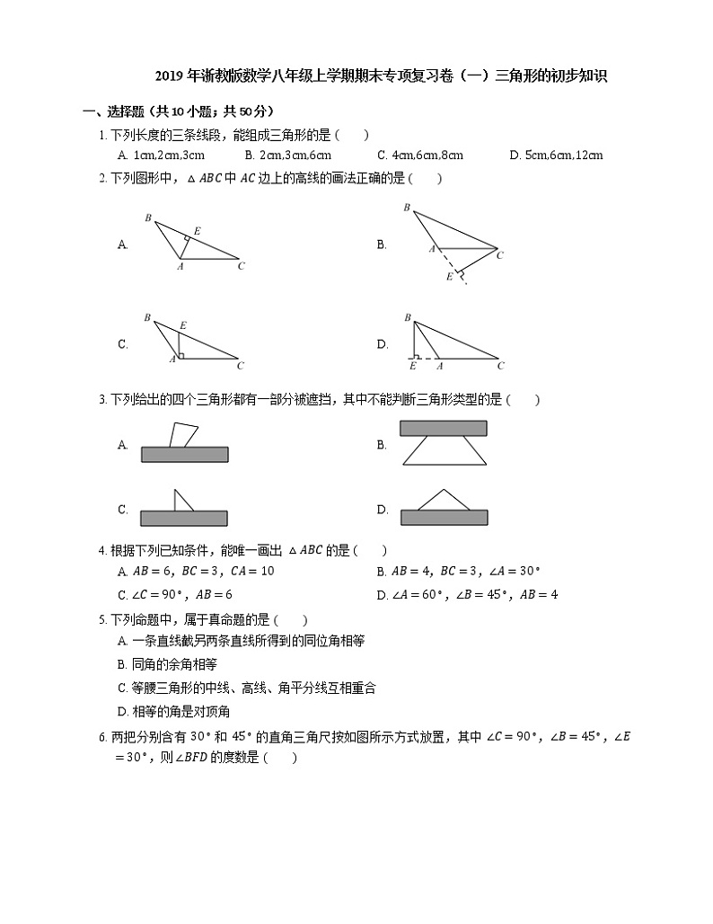 2019年浙教版数学八年级上学期期末专项复习卷（一）三角形的初步知识第1页