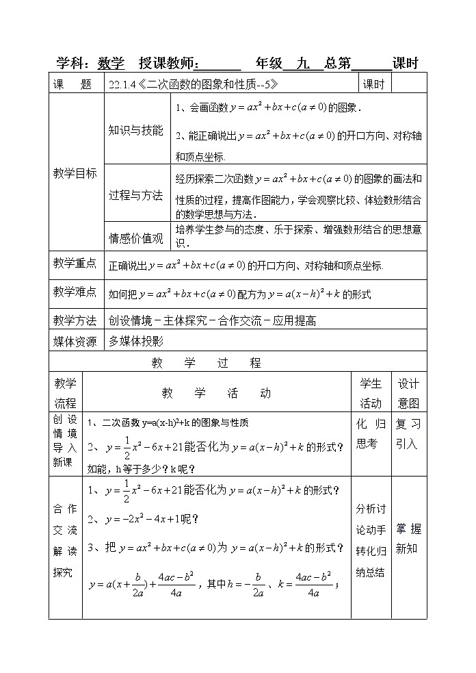 2020年-2021学年九年级数学人教版上册   第二十二章 二次函数22.1.4《二次函数的图象和性质--5》教案01
