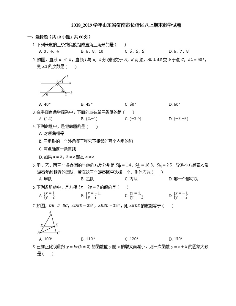 2018_2019学年山东省济南市长清区八上期末数学试卷第1页