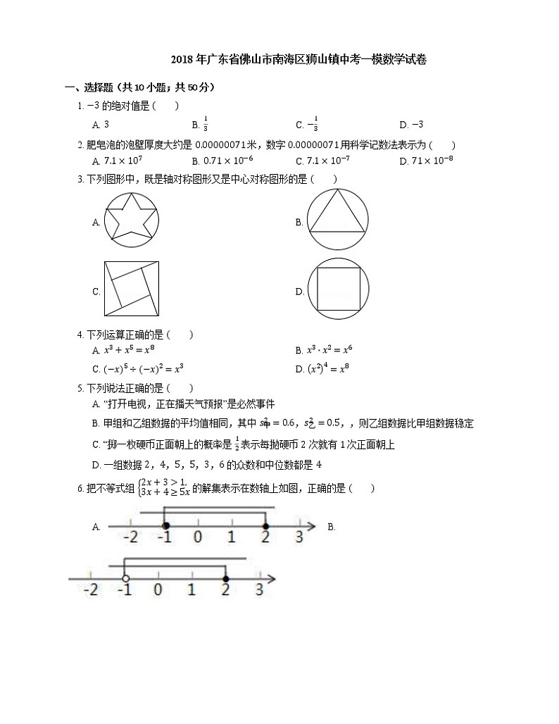 2018年广东省佛山市南海区狮山镇中考一模数学试卷第1页