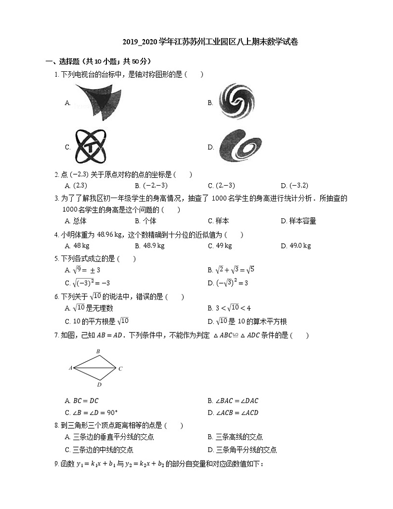 2019_2020学年江苏苏州工业园区八上期末数学试卷第1页