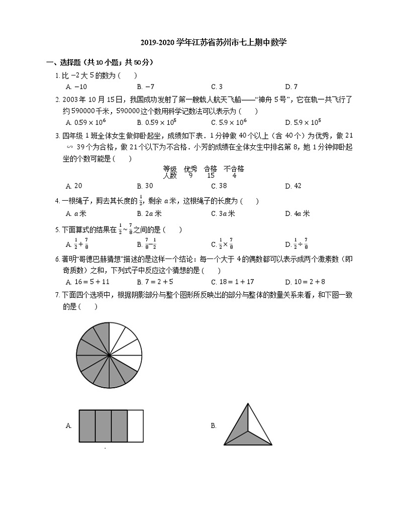 2019-2020学年江苏省苏州市七上期中数学练习题第1页