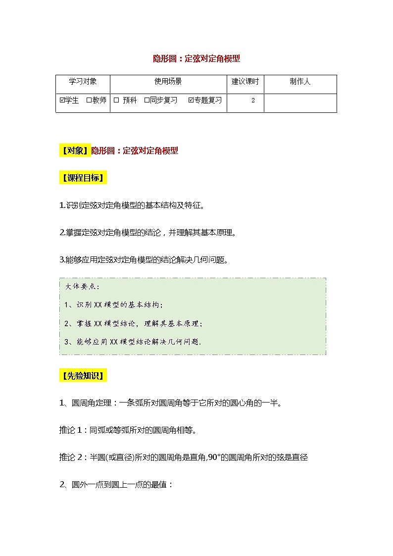 隐形圆：定弦对定角模型（知识点总结+典题精析）第1页