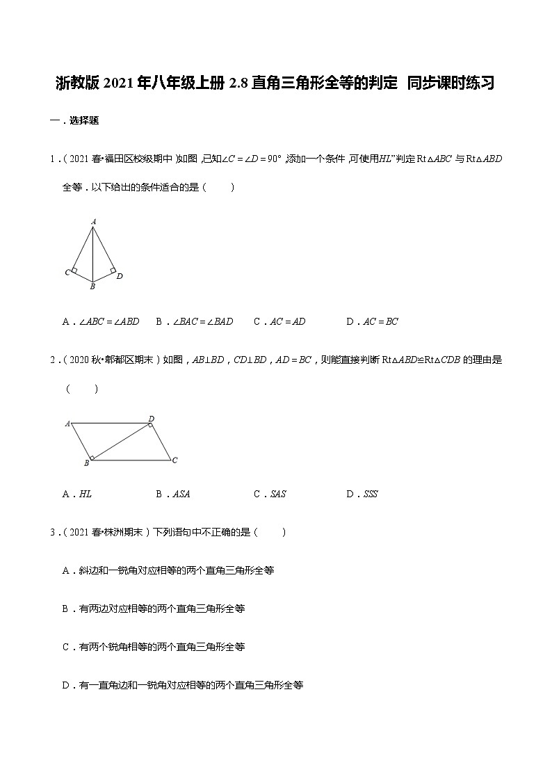 浙教版2021年八年级上册2.8直角三角形全等的判定 同步课时练习  无答案第1页