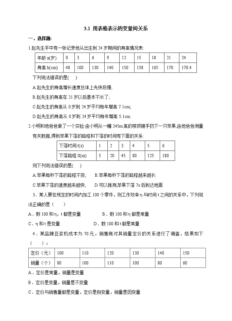 3.1用表格表示的变量间关系 同步练习第1页