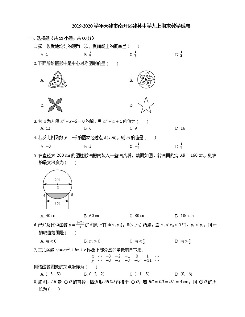 2019-2020学年天津市南开区津英中学九上期末数学试卷01