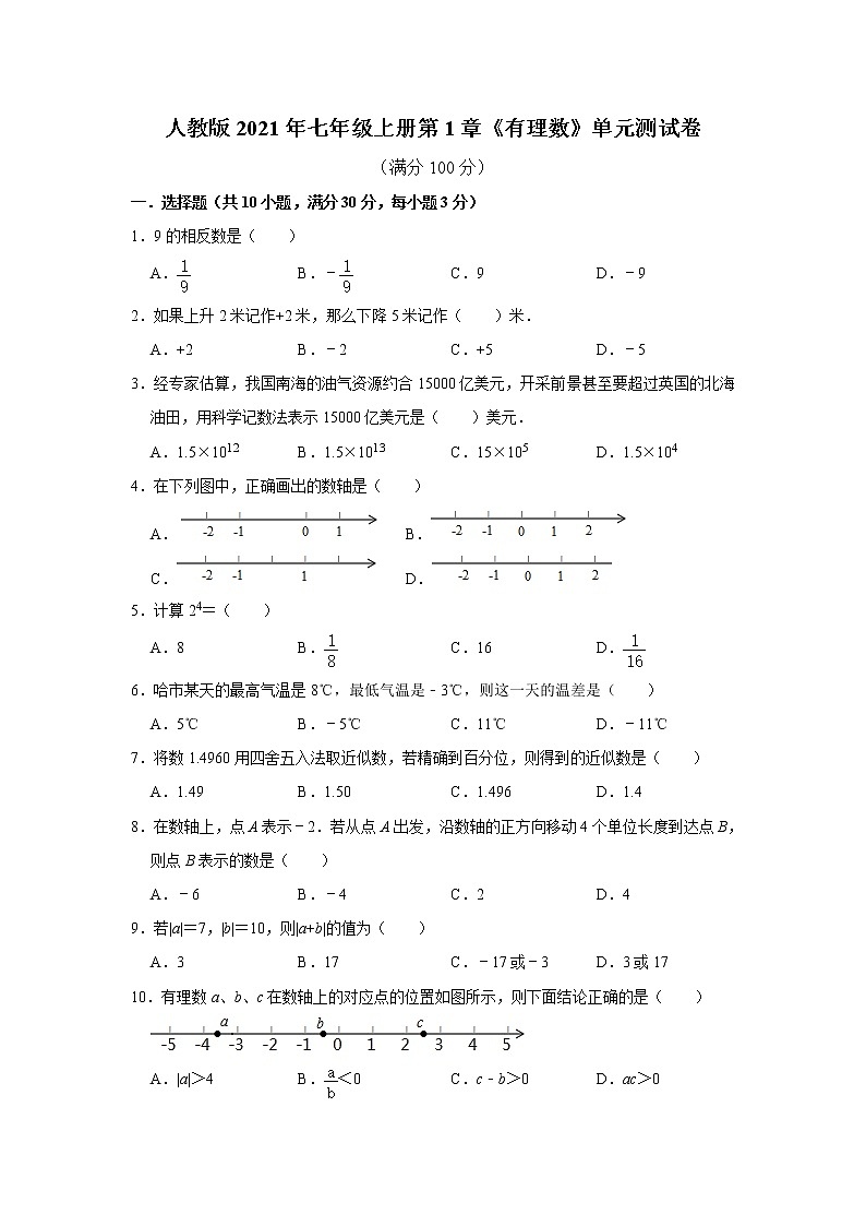 人教版2021年七年级上册第1章《有理数》单元测试卷 无答案第1页