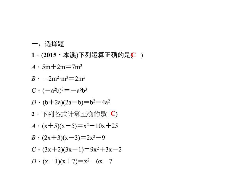 人教数学八上综合训练(四)　整式的乘法与因式分解课件PPT第2页