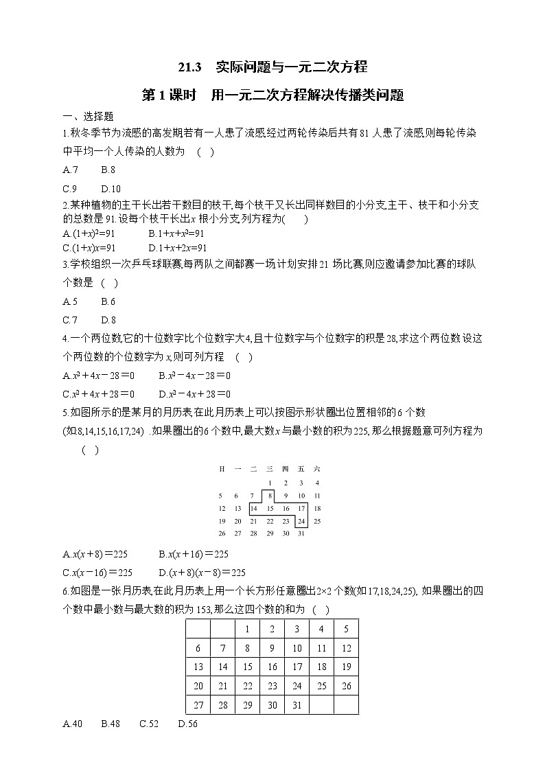 人教版数学九年级上册同步练习21.3.1　用一元二次方程解决传播类问题第1页