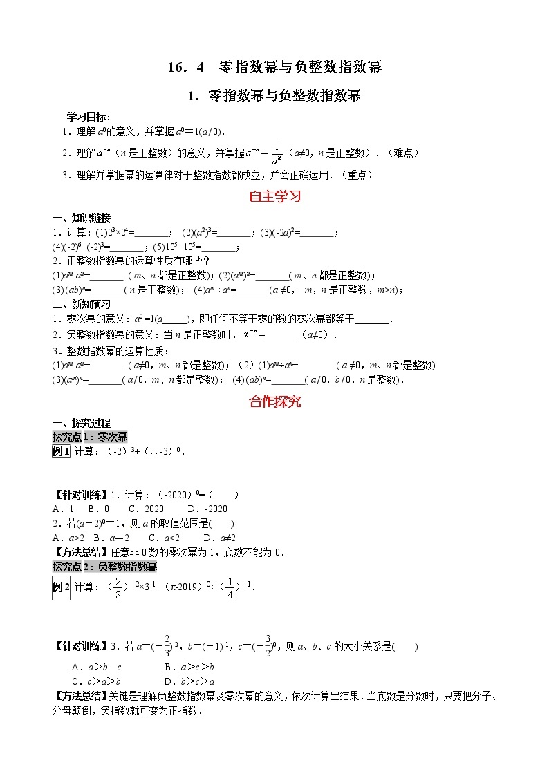 华师大版 初中 数学 八年级(下册) 16.4.1 零指数幂与负整数指数幂学案01