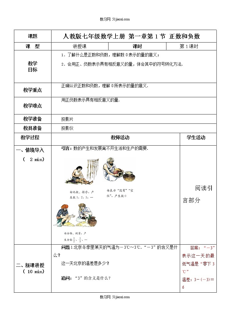 1.1 正数和负数教案第1页