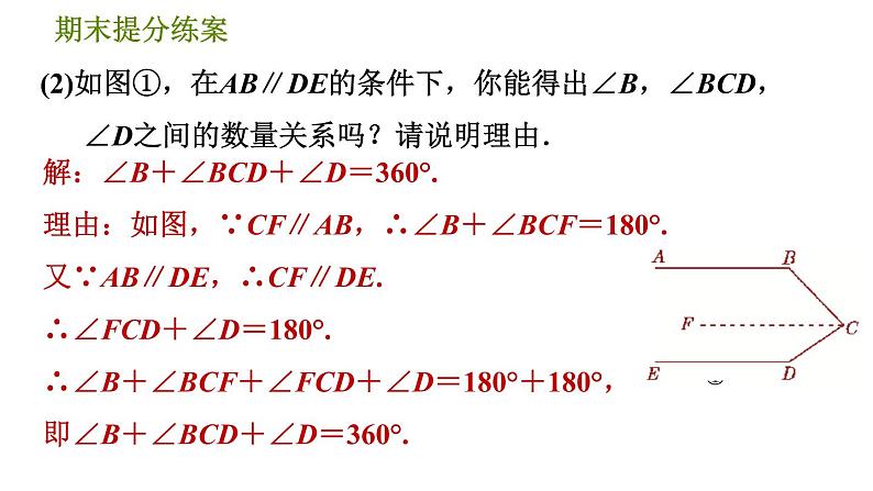 北师版八年级上册数学习题课件 期末提分练案 9.2  素养专项提升  专项2　平行线中常用作辅助线的方法08