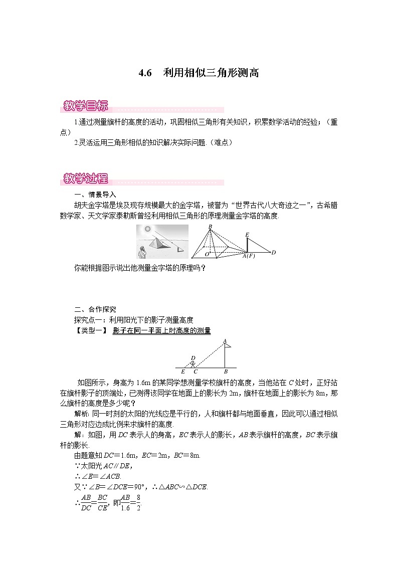 北师版九年级数学上册 4.6 利用相似三角形测高1 教案第1页