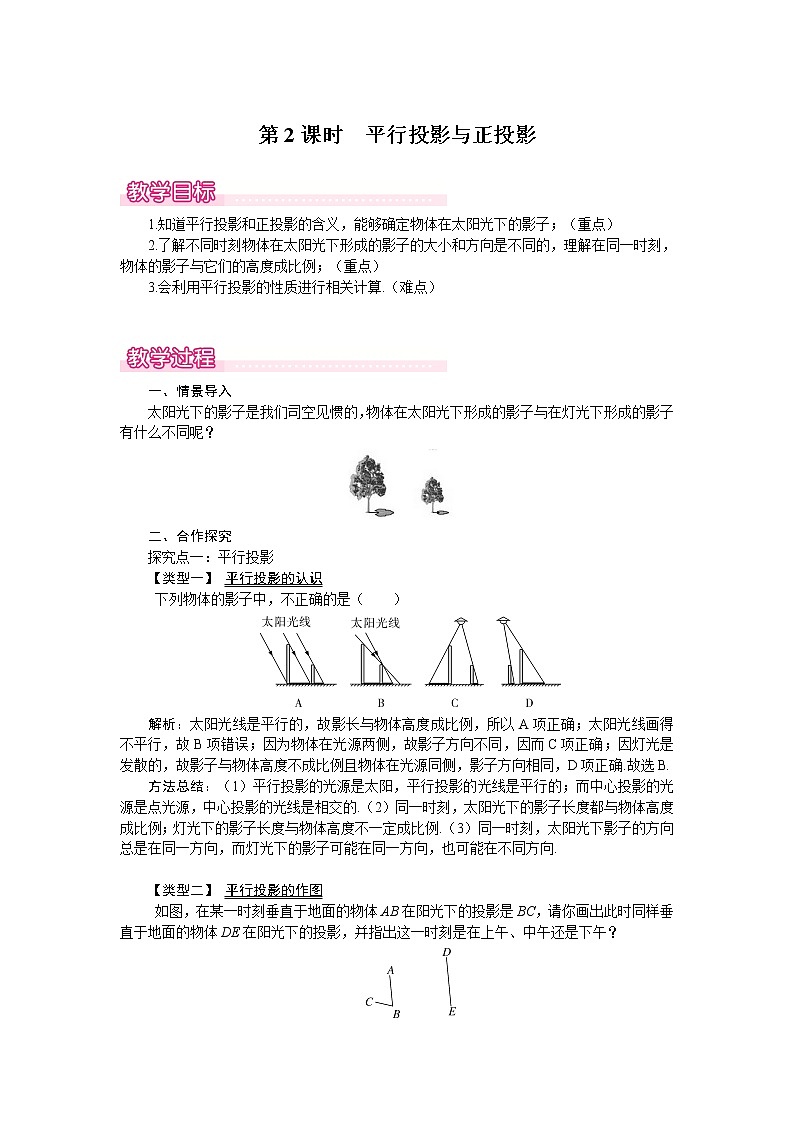 北师版九年级数学上册 5.1 第2课时 平行投影与正投影1 教案01