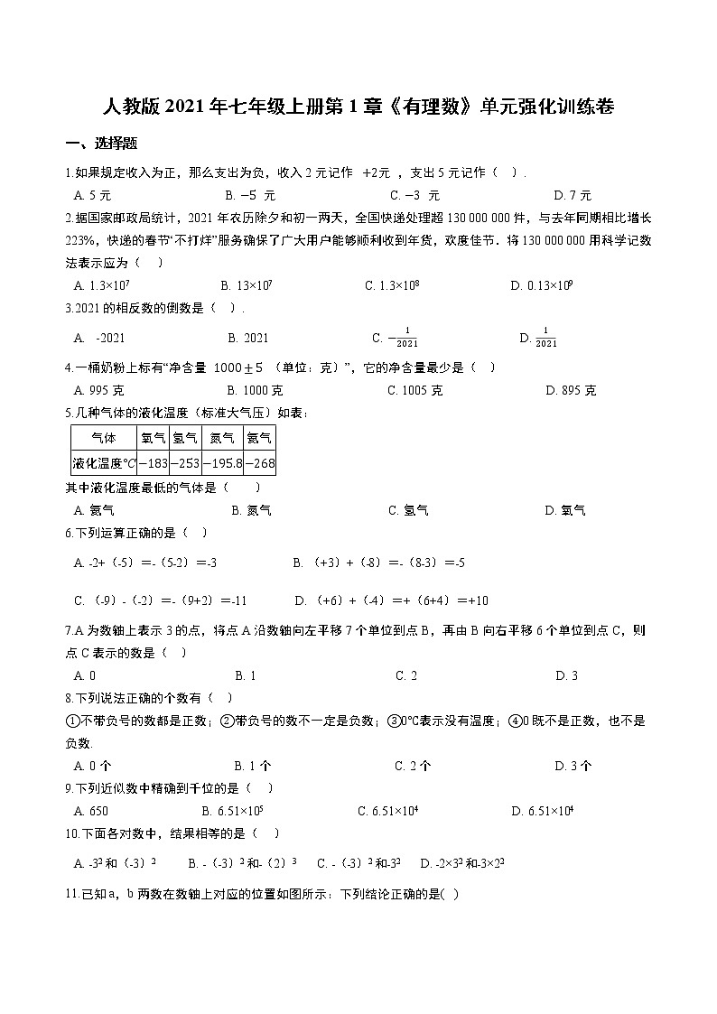 人教版2021年七年级上册第1章《有理数》单元强化训练卷   word版，解析版01