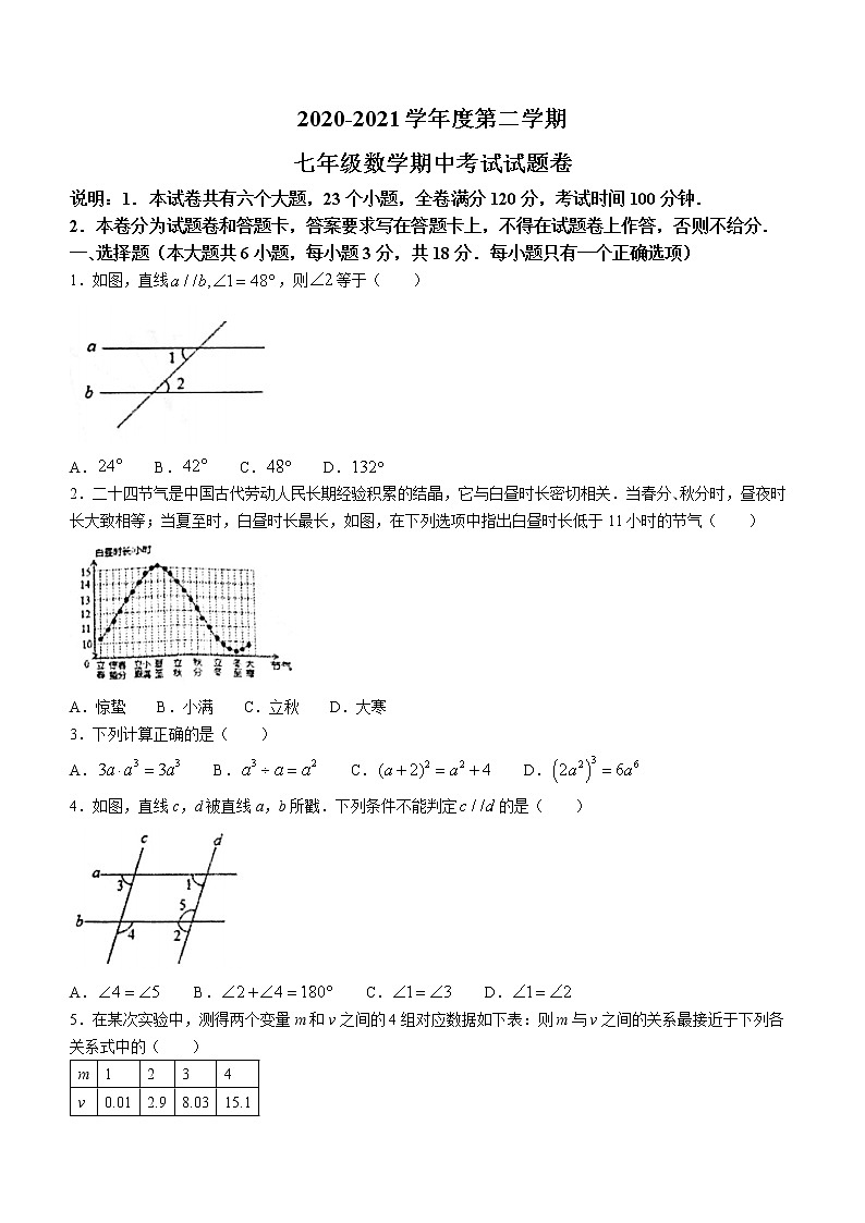 江西省抚州市东乡区2020-2021学年七年级下学期期中数学试题（word版 含答案）第1页