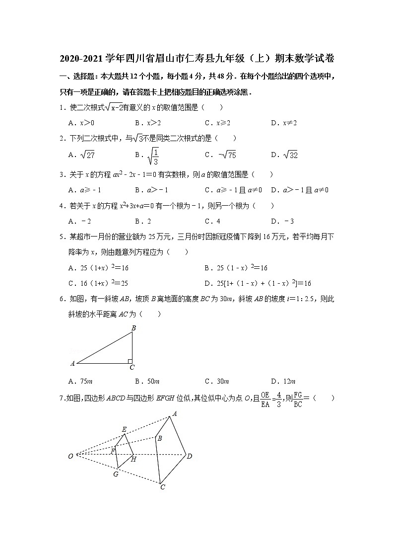 _四川省眉山市仁寿县2020-2021学年九年级上学期期末数学试卷(word版含答案)01