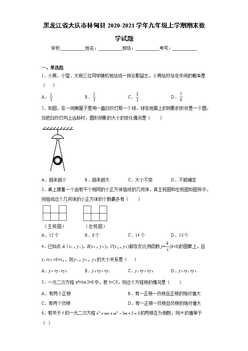 黑龙江省大庆市林甸县2020-2021学年九年级上学期期末数学试题（word版 含答案）第1页