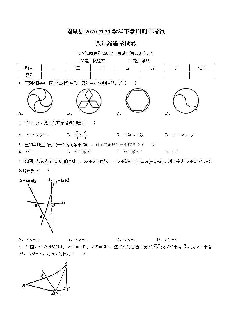 江西省抚州市南城县2020-2021学年八年级下学期期中数学试题（word版 无答案）01