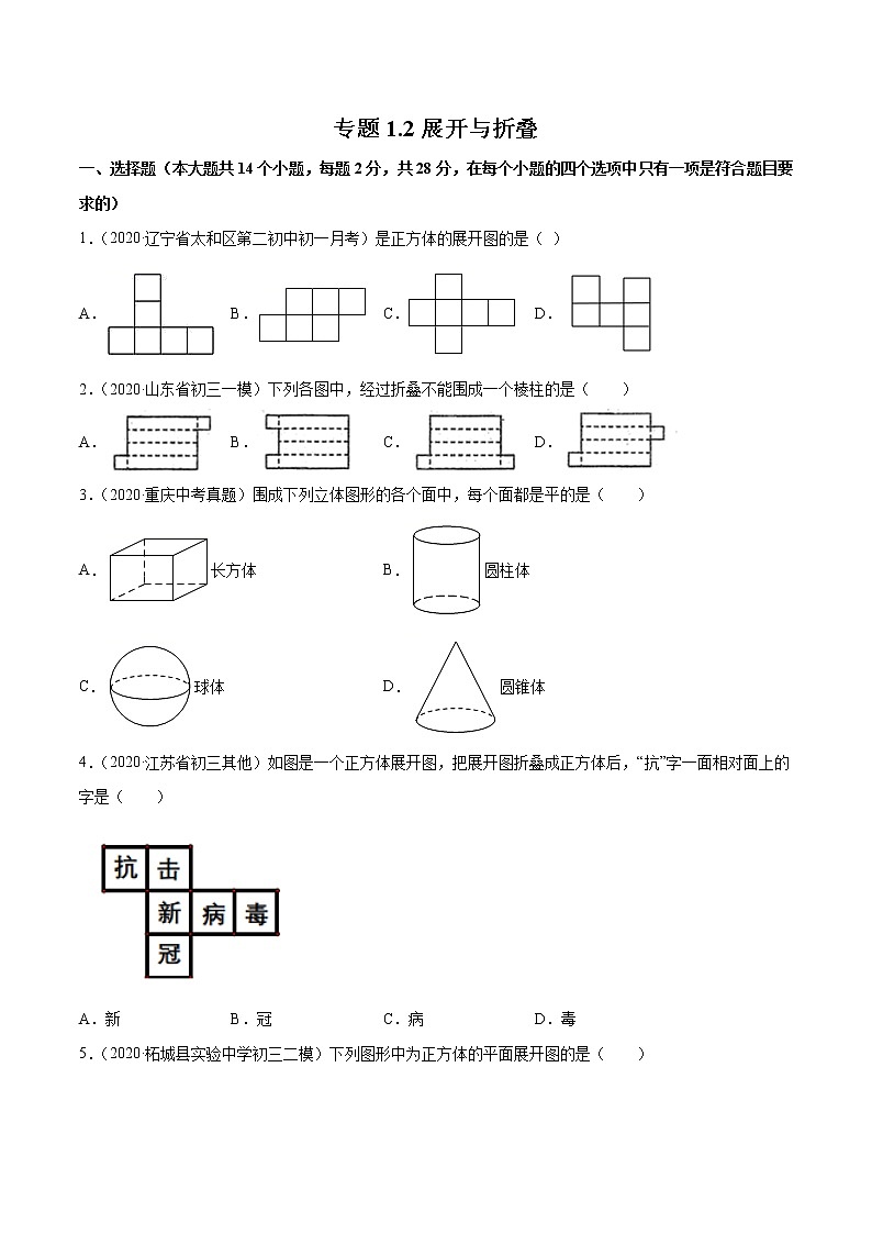 专题1.2展开与折叠测试-七年级上册同步讲练（原卷版）（北师大版）第1页