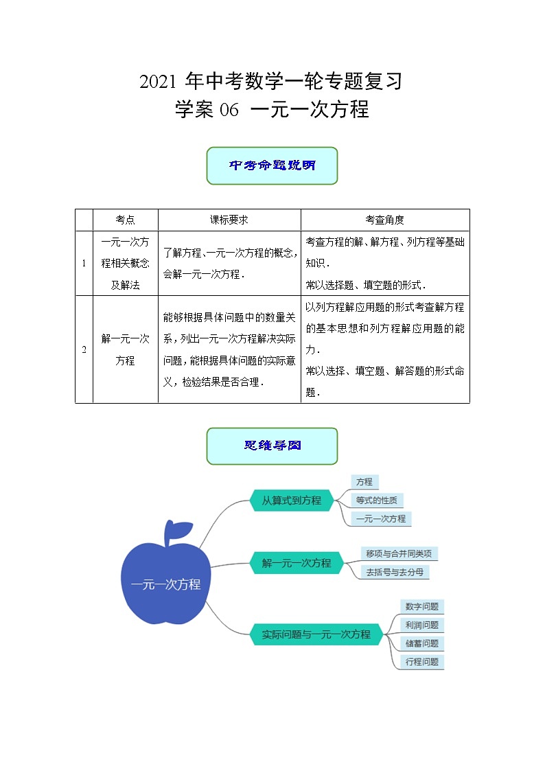 专题06 一元一次方程 —— 2022年中考数学一轮复习专题精讲精练学案+课件01