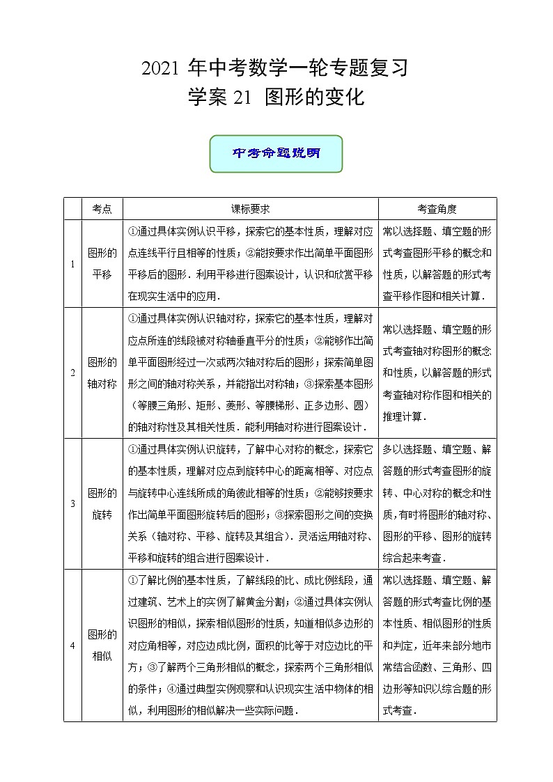 专题21 图形的变化 —— 2022年中考数学一轮复习专题精讲精练学案+课件01