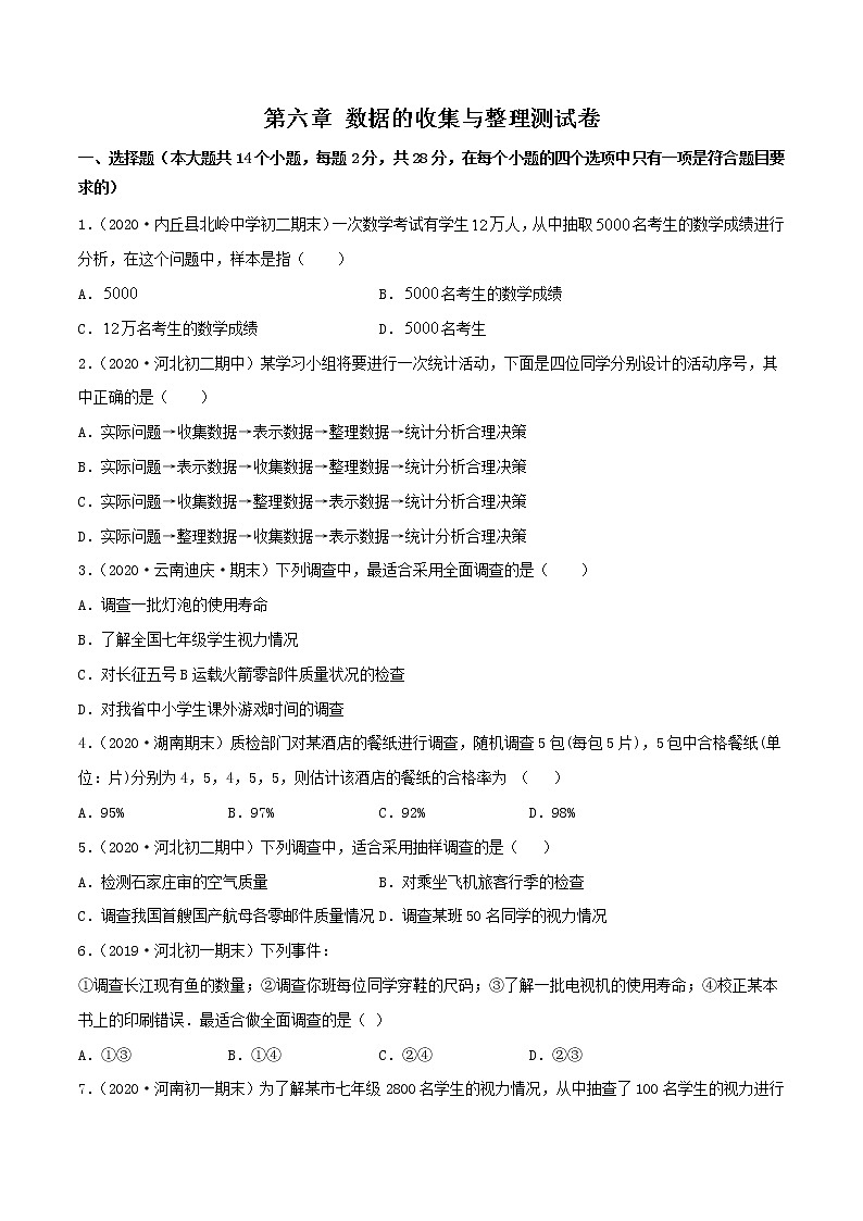 第六章 数据的收集与整理（单元测试卷）-七年级上册同步  精讲+练习+测试（北师大版）01