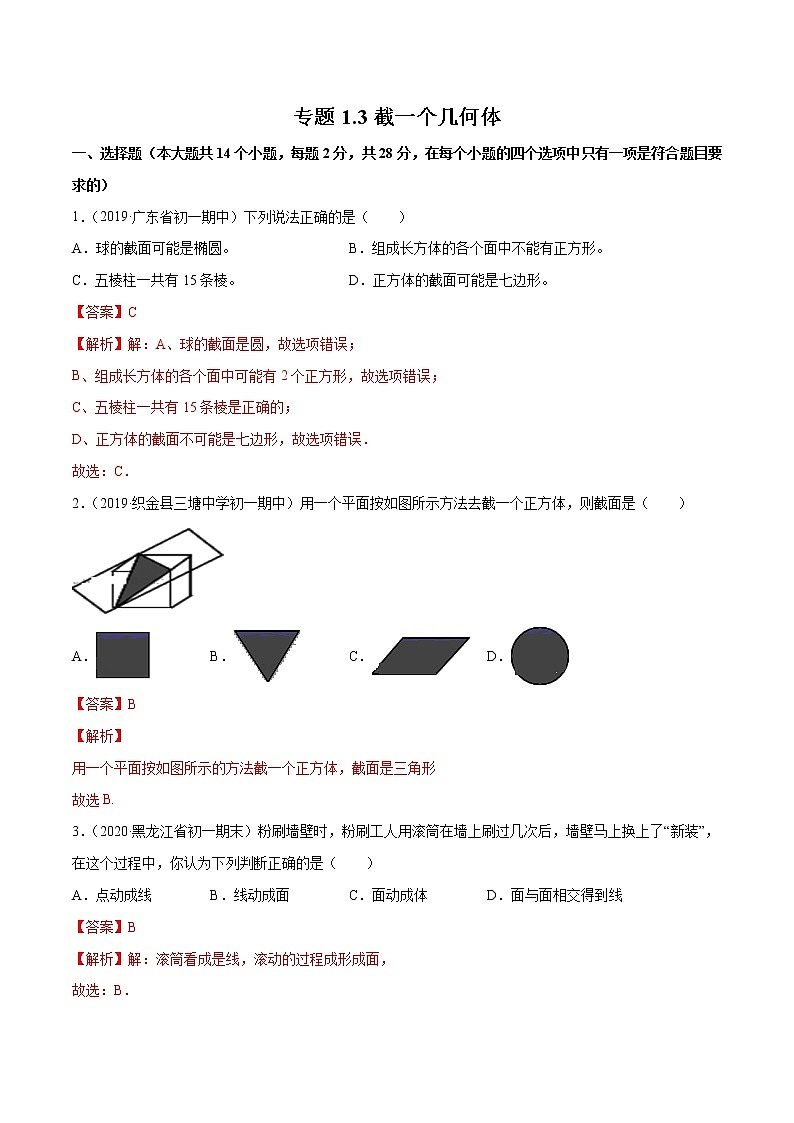 1.3 截一个几何体-七年级上册同步  精讲+练习+测试（北师大版）01