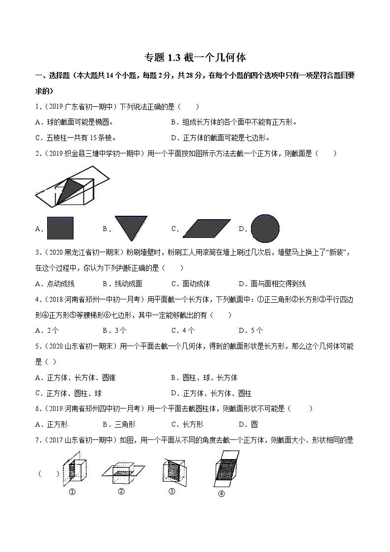 1.3 截一个几何体-七年级上册同步  精讲+练习+测试（北师大版）01